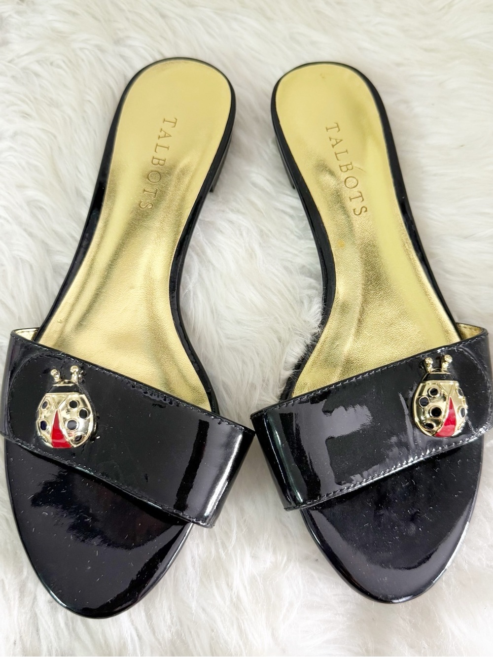 Talbots Ladybug Leather Slide Sandals Black Patent Size 8 Like New